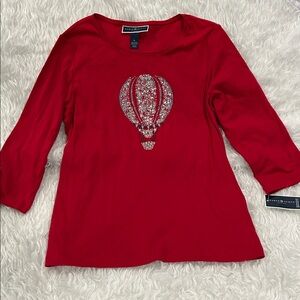 NWT Karen Scott Rhinestone Embellished Top Hot Air Balloon Red Cotton 3/4 Sleeve